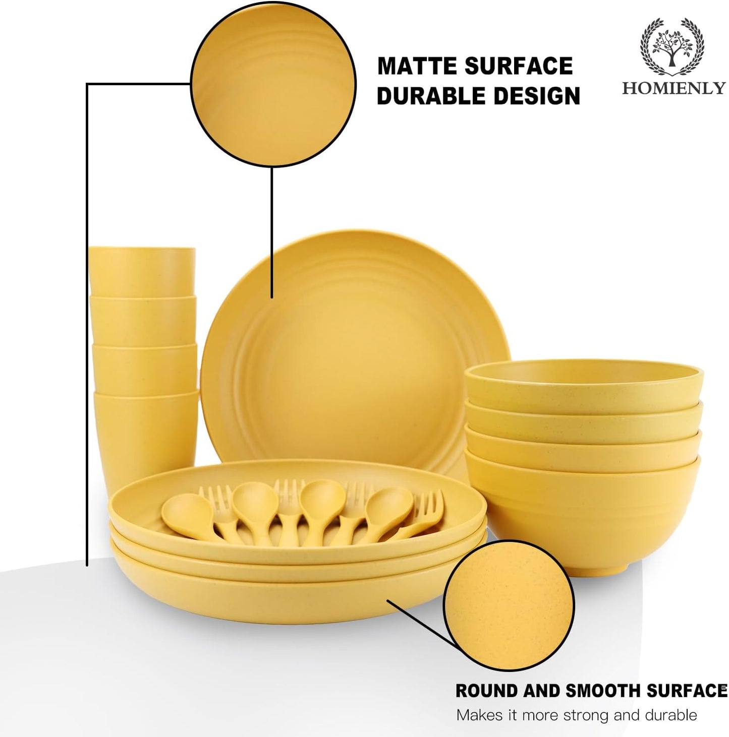 Wheat Straw Dinnerware Sets, 20pcs Unbreakable Microwave Dishwasher Safe Tableware Lightweight Bowls, Cups, Plates Set Reusable Dinner Plates Bowls set (Yellow)