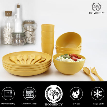 Wheat Straw Dinnerware Sets, 20pcs Unbreakable Microwave Dishwasher Safe Tableware Lightweight Bowls, Cups, Plates Set Reusable Dinner Plates Bowls set (Yellow)