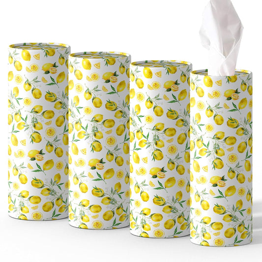 4 Pcs Lemon Round Tissues Box Car Holder Set - Yellow & White Lemon Travel Tubes for Car with 50 Sheets Cylinder Face Towel Containers | 2.7" x 7.1" Cup Holder Fit
