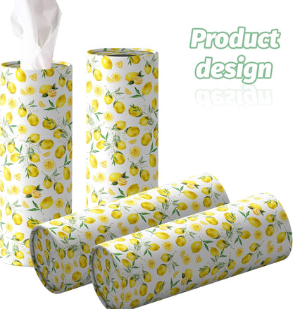 4 Pcs Lemon Round Tissues Box Car Holder Set - Yellow & White Lemon Travel Tubes for Car with 50 Sheets Cylinder Face Towel Containers | 2.7" x 7.1" Cup Holder Fit
