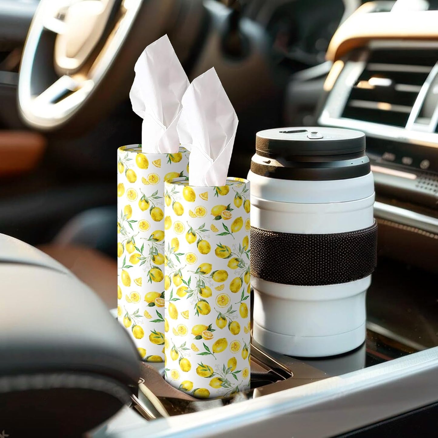4 Pcs Lemon Round Tissues Box Car Holder Set - Yellow & White Lemon Travel Tubes for Car with 50 Sheets Cylinder Face Towel Containers | 2.7" x 7.1" Cup Holder Fit
