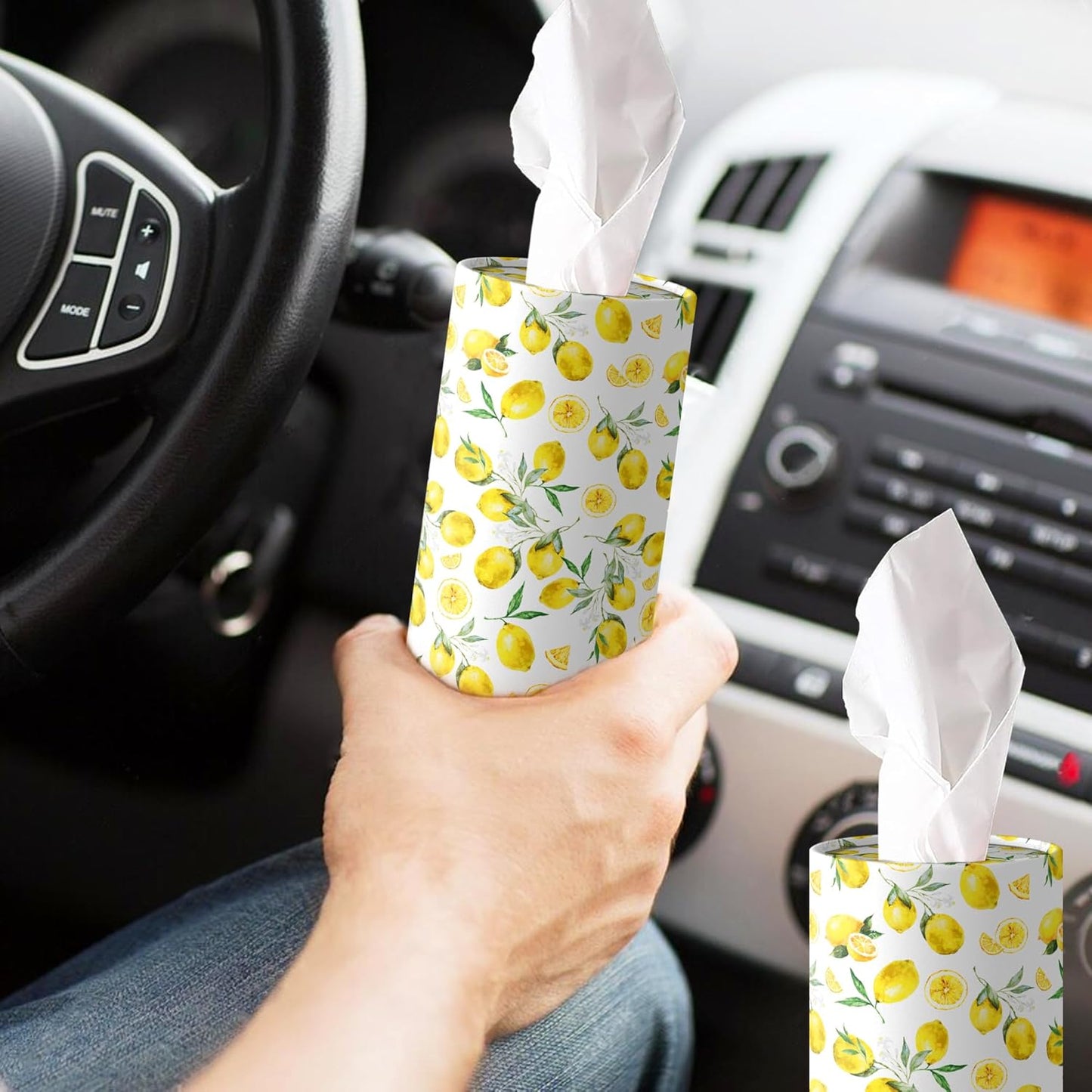 4 Pcs Lemon Round Tissues Box Car Holder Set - Yellow & White Lemon Travel Tubes for Car with 50 Sheets Cylinder Face Towel Containers | 2.7" x 7.1" Cup Holder Fit