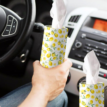 4 Pcs Lemon Round Tissues Box Car Holder Set - Yellow & White Lemon Travel Tubes for Car with 50 Sheets Cylinder Face Towel Containers | 2.7" x 7.1" Cup Holder Fit