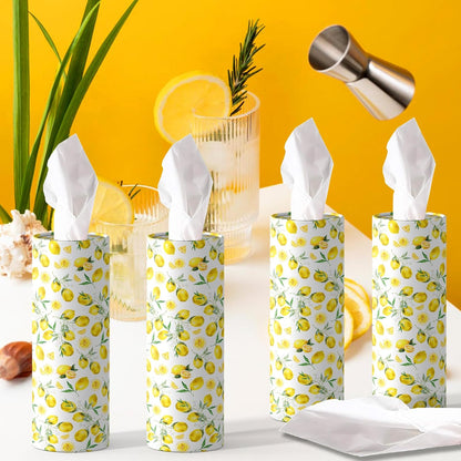 4 Pcs Lemon Round Tissues Box Car Holder Set - Yellow & White Lemon Travel Tubes for Car with 50 Sheets Cylinder Face Towel Containers | 2.7" x 7.1" Cup Holder Fit