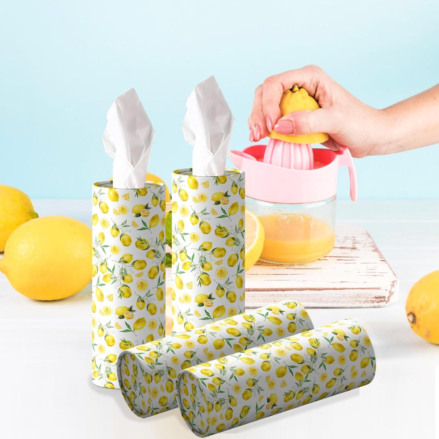 4 Pcs Lemon Round Tissues Box Car Holder Set - Yellow & White Lemon Travel Tubes for Car with 50 Sheets Cylinder Face Towel Containers | 2.7" x 7.1" Cup Holder Fit
