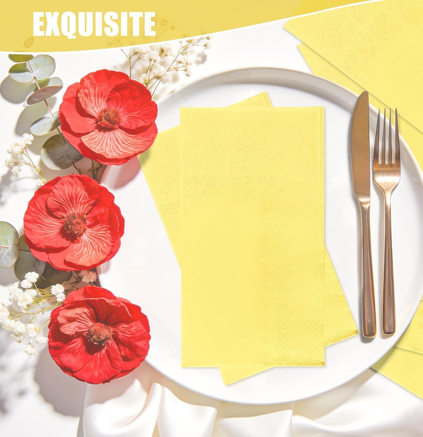 50 Pieces Yellow Dinner Napkins 3-ply Guest Bathroom Napkins Disposable Hand Towels for Bathroom Wedding Birthday Party Yellow Paper Dinner Napkin
