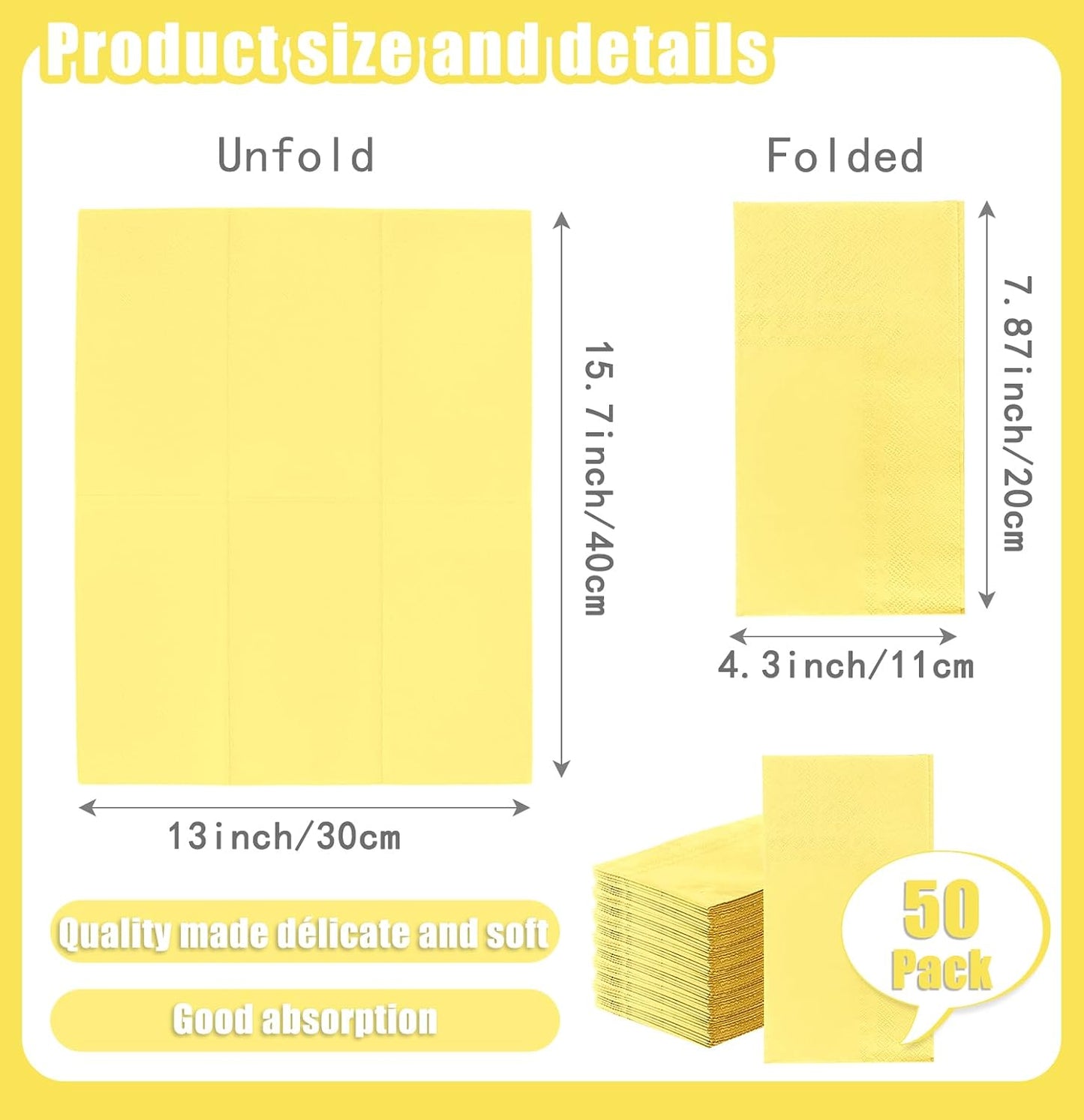 50 Pieces Yellow Dinner Napkins 3-ply Guest Bathroom Napkins Disposable Hand Towels for Bathroom Wedding Birthday Party Yellow Paper Dinner Napkin