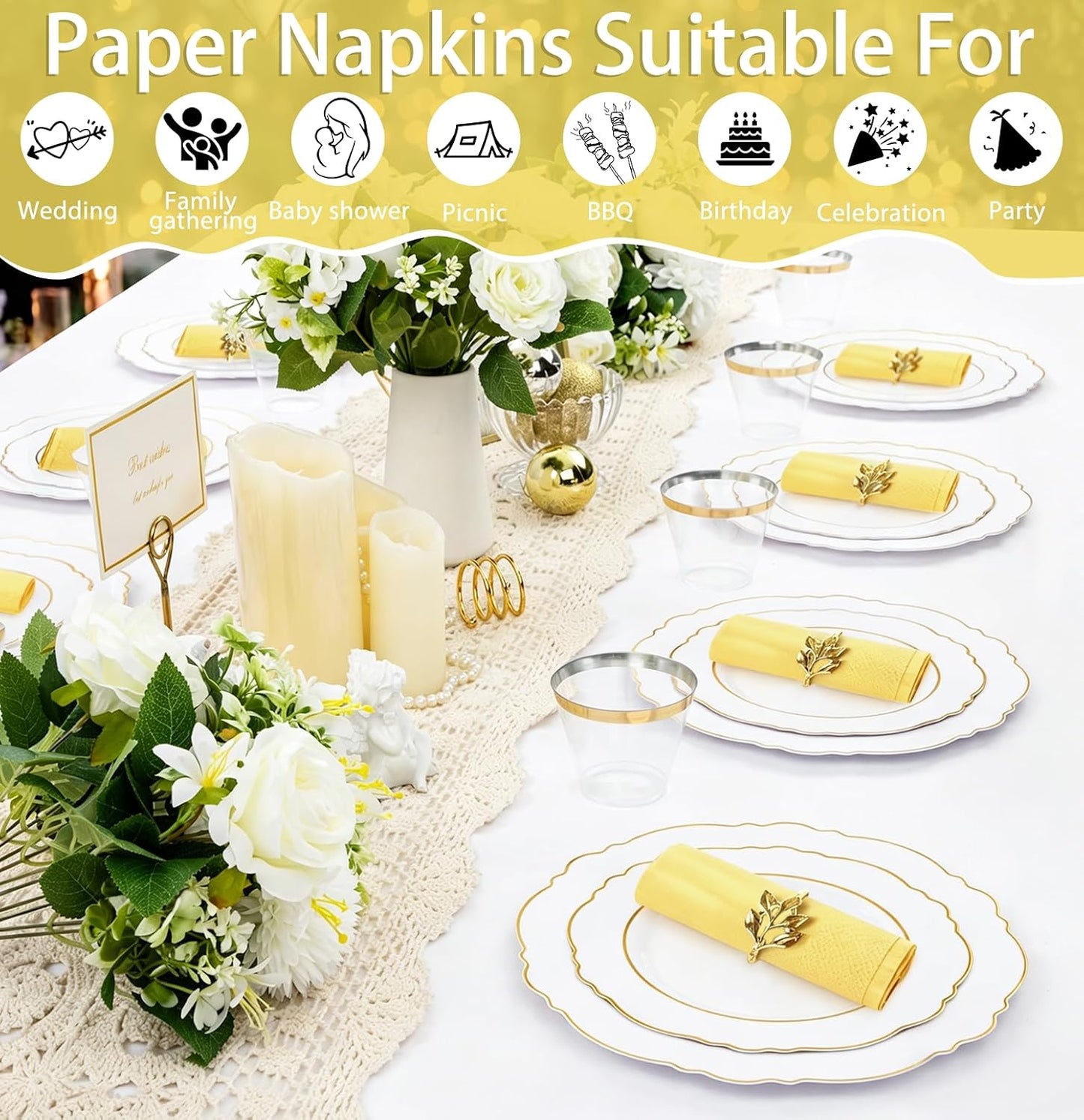 50 Pieces Yellow Dinner Napkins 3-ply Guest Bathroom Napkins Disposable Hand Towels for Bathroom Wedding Birthday Party Yellow Paper Dinner Napkin