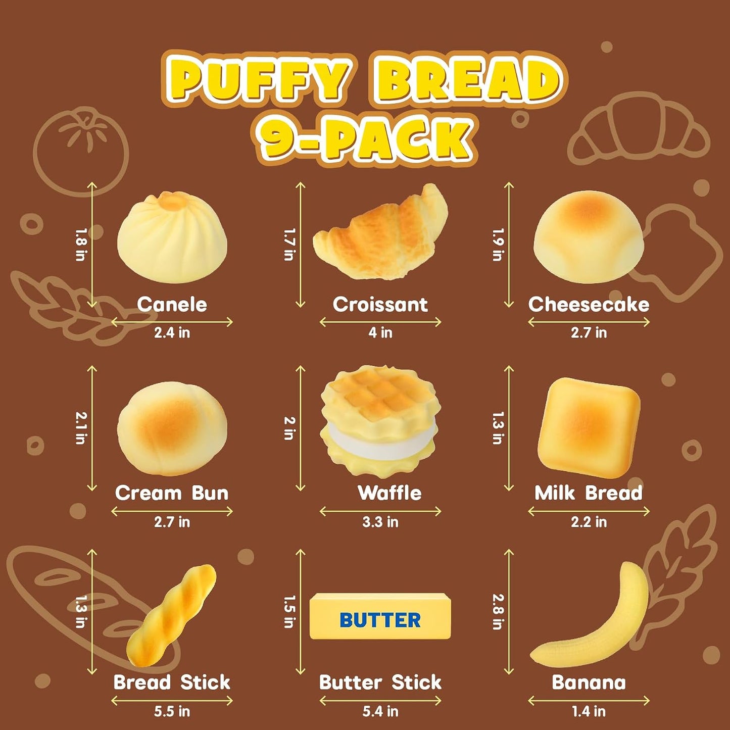 Butter Squishy Toys, 9 Pack Slow Rising Food Squishies Set | Soft Kawaii Food Squishies with Bread, Cake & Fruit Designs, Perfect Fidget Toys for Stress Relief, Relaxation and Play