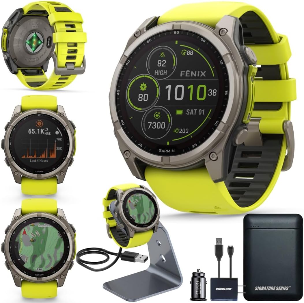 Garmin Fenix 8 Premium Multisport GPS Running Smartwatch, 51 mm, Sapphire, Solar, Built-in Flashlight, Titanium with Amp Yellow/Graphite Band with Signature Series Charging Stand