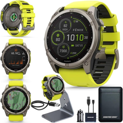 Garmin Fenix 8 Premium Multisport GPS Running Smartwatch, 51 mm, Sapphire, Solar, Built-in Flashlight, Titanium with Amp Yellow/Graphite Band with Signature Series Charging Stand