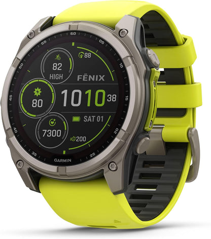Garmin Fenix 8 Premium Multisport GPS Running Smartwatch, 51 mm, Sapphire, Solar, Built-in Flashlight, Titanium with Amp Yellow/Graphite Band with Signature Series Charging Stand