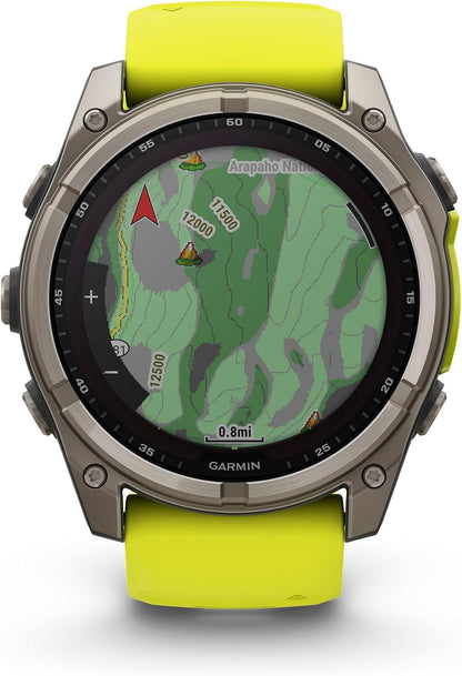 Garmin Fenix 8 Premium Multisport GPS Running Smartwatch, 51 mm, Sapphire, Solar, Built-in Flashlight, Titanium with Amp Yellow/Graphite Band with Signature Series Charging Stand