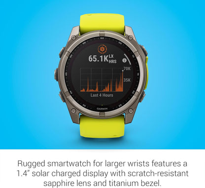 Garmin Fenix 8 Premium Multisport GPS Running Smartwatch, 51 mm, Sapphire, Solar, Built-in Flashlight, Titanium with Amp Yellow/Graphite Band with Signature Series Charging Stand