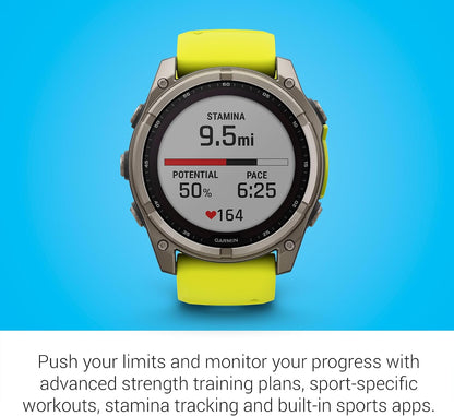 Garmin Fenix 8 Premium Multisport GPS Running Smartwatch, 51 mm, Sapphire, Solar, Built-in Flashlight, Titanium with Amp Yellow/Graphite Band with Signature Series Charging Stand