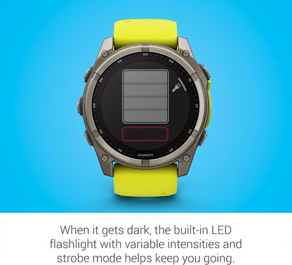 Garmin Fenix 8 Premium Multisport GPS Running Smartwatch, 51 mm, Sapphire, Solar, Built-in Flashlight, Titanium with Amp Yellow/Graphite Band with Signature Series Charging Stand