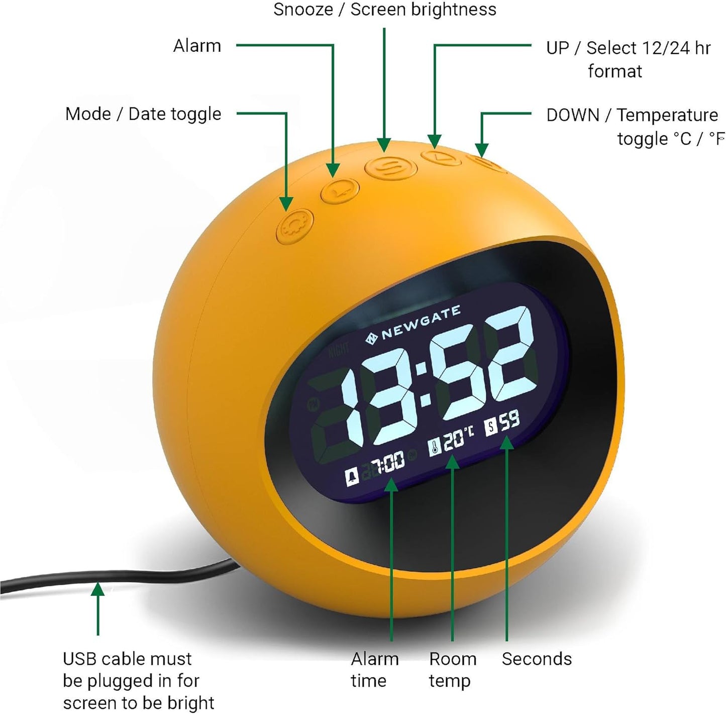 ® Centre of the Earth Alarm Clock | Round Retro Digital LCD Clock | Yellow | Ideal for Bedside, Desk or Shelf | Retro Bedroom & Office Accessory