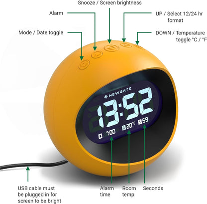 ® Centre of the Earth Alarm Clock | Round Retro Digital LCD Clock | Yellow | Ideal for Bedside, Desk or Shelf | Retro Bedroom & Office Accessory
