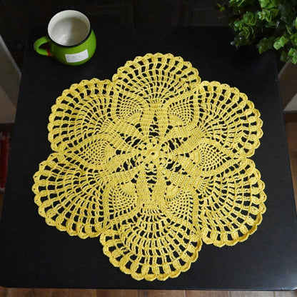 Handmade Crochet Lace Doily 15.5 inches to 17.5 inches Round 6 Petals Flower Placemats Coasters Vintage Doilies Vase Cup Mats (1, Yellow)