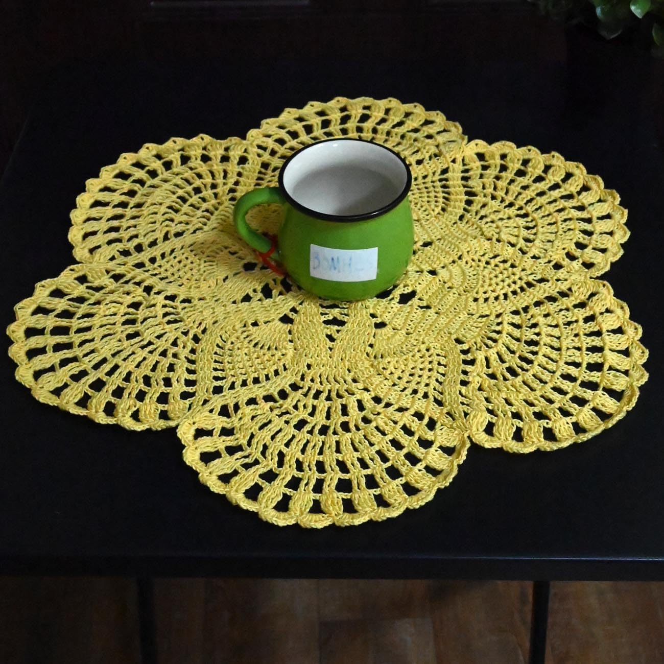 Handmade Crochet Lace Doily 15.5 inches to 17.5 inches Round 6 Petals Flower Placemats Coasters Vintage Doilies Vase Cup Mats (1, Yellow)