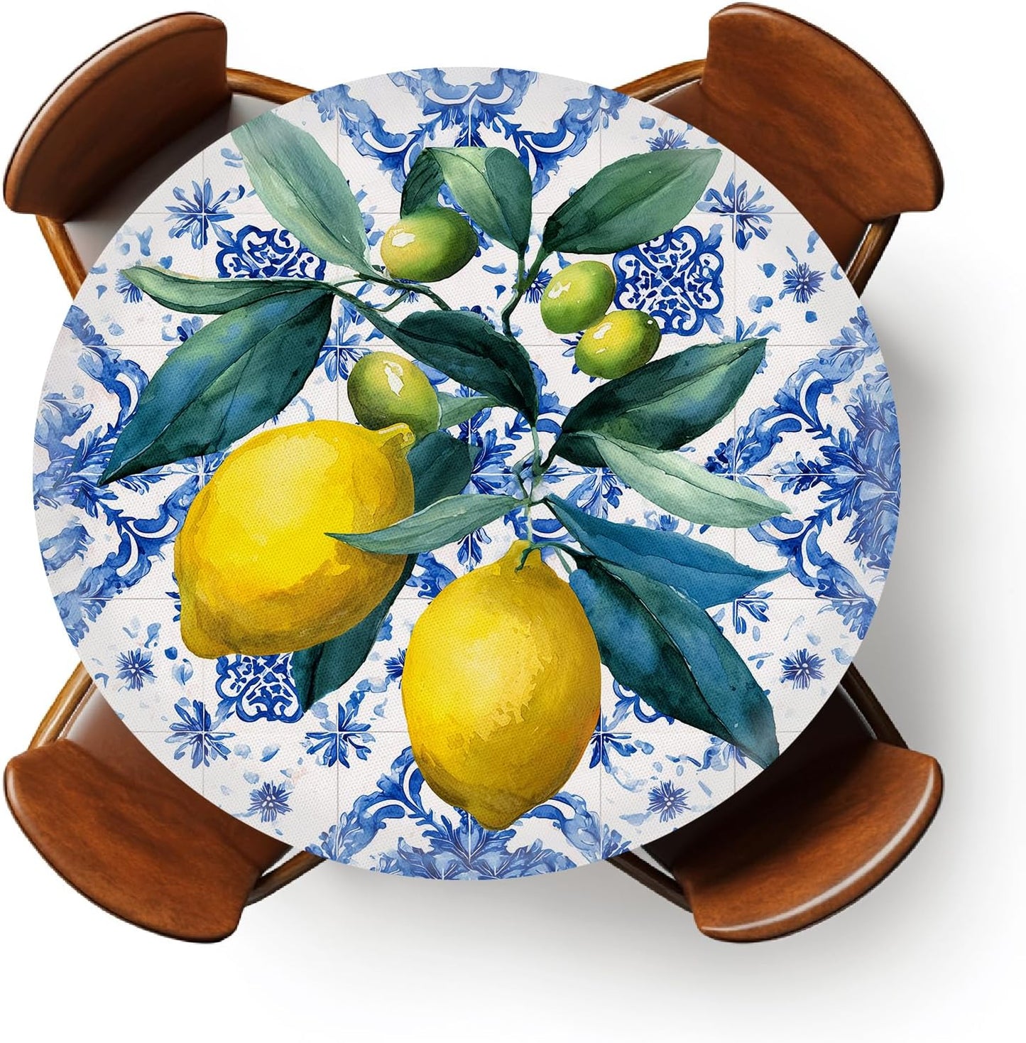 Round Fitted Tablecloth with Elastic Outdoor Tablecloth for 45" - 56" Tables Waterproof Round Table Cover for Indoor Dinner, Picnic, Camping (Summer Lemon)