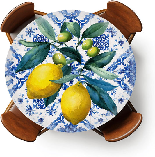 Round Fitted Tablecloth with Elastic Outdoor Tablecloth for 45" - 56" Tables Waterproof Round Table Cover for Indoor Dinner, Picnic, Camping (Summer Lemon)