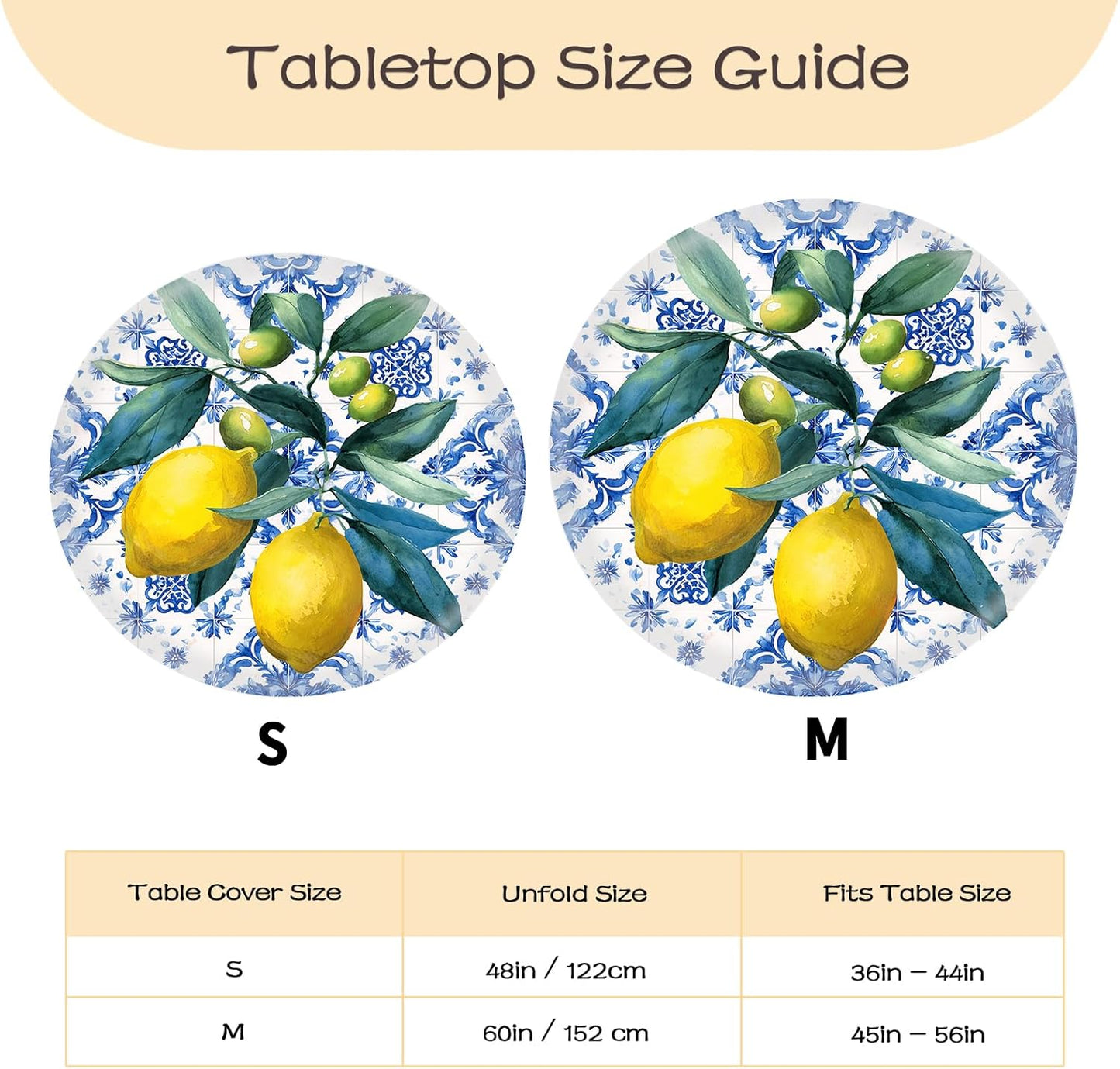 Round Fitted Tablecloth with Elastic Outdoor Tablecloth for 45" - 56" Tables Waterproof Round Table Cover for Indoor Dinner, Picnic, Camping (Summer Lemon)