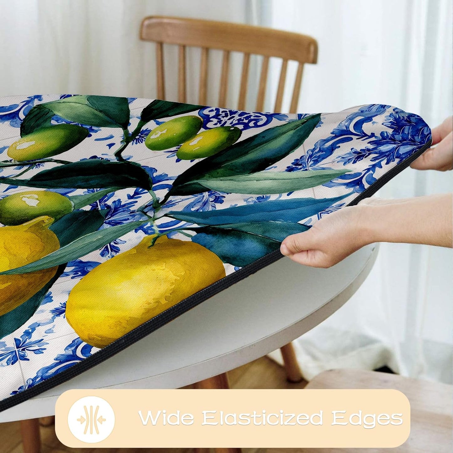 Round Fitted Tablecloth with Elastic Outdoor Tablecloth for 45" - 56" Tables Waterproof Round Table Cover for Indoor Dinner, Picnic, Camping (Summer Lemon)