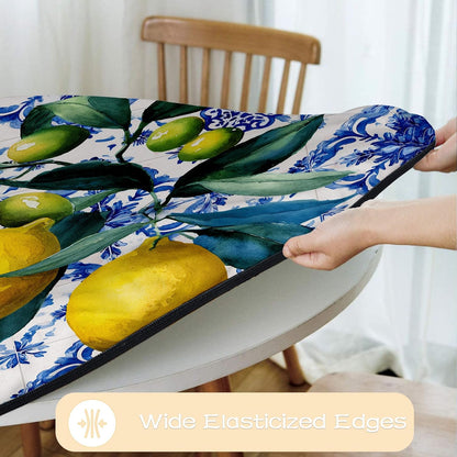 Round Fitted Tablecloth with Elastic Outdoor Tablecloth for 45" - 56" Tables Waterproof Round Table Cover for Indoor Dinner, Picnic, Camping (Summer Lemon)