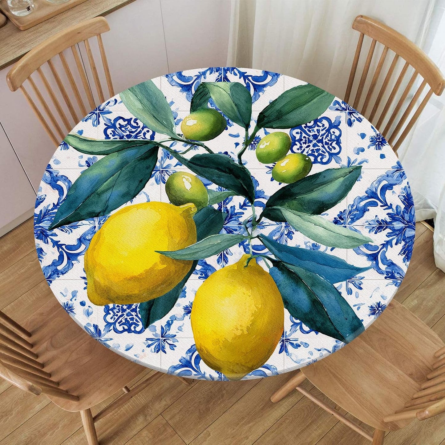 Round Fitted Tablecloth with Elastic Outdoor Tablecloth for 45" - 56" Tables Waterproof Round Table Cover for Indoor Dinner, Picnic, Camping (Summer Lemon)