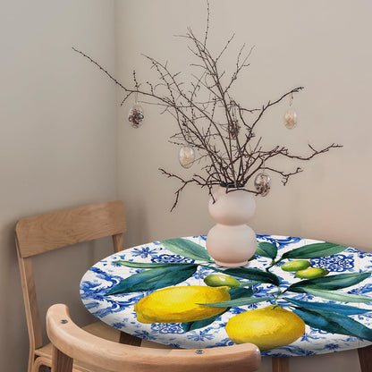 Round Fitted Tablecloth with Elastic Outdoor Tablecloth for 45" - 56" Tables Waterproof Round Table Cover for Indoor Dinner, Picnic, Camping (Summer Lemon)