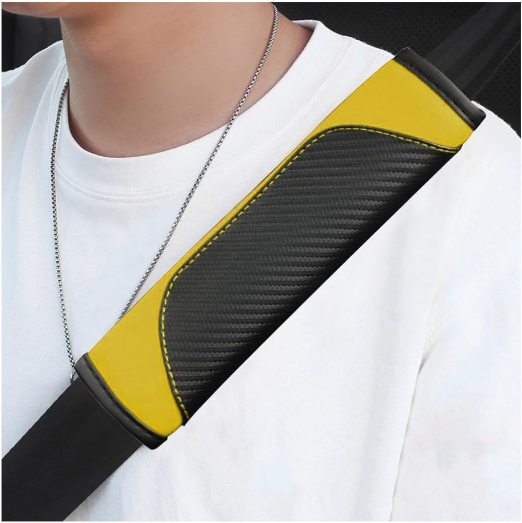 2 PCS Car Seat Belt Cover, Carbon Fiber Leather Auto Seat Belt Pads Cover, Safety Seatbelt Shoulder Strap Covers Protect Your Neck and Shoulder, Universal Car Accessories (Black+Yellow)