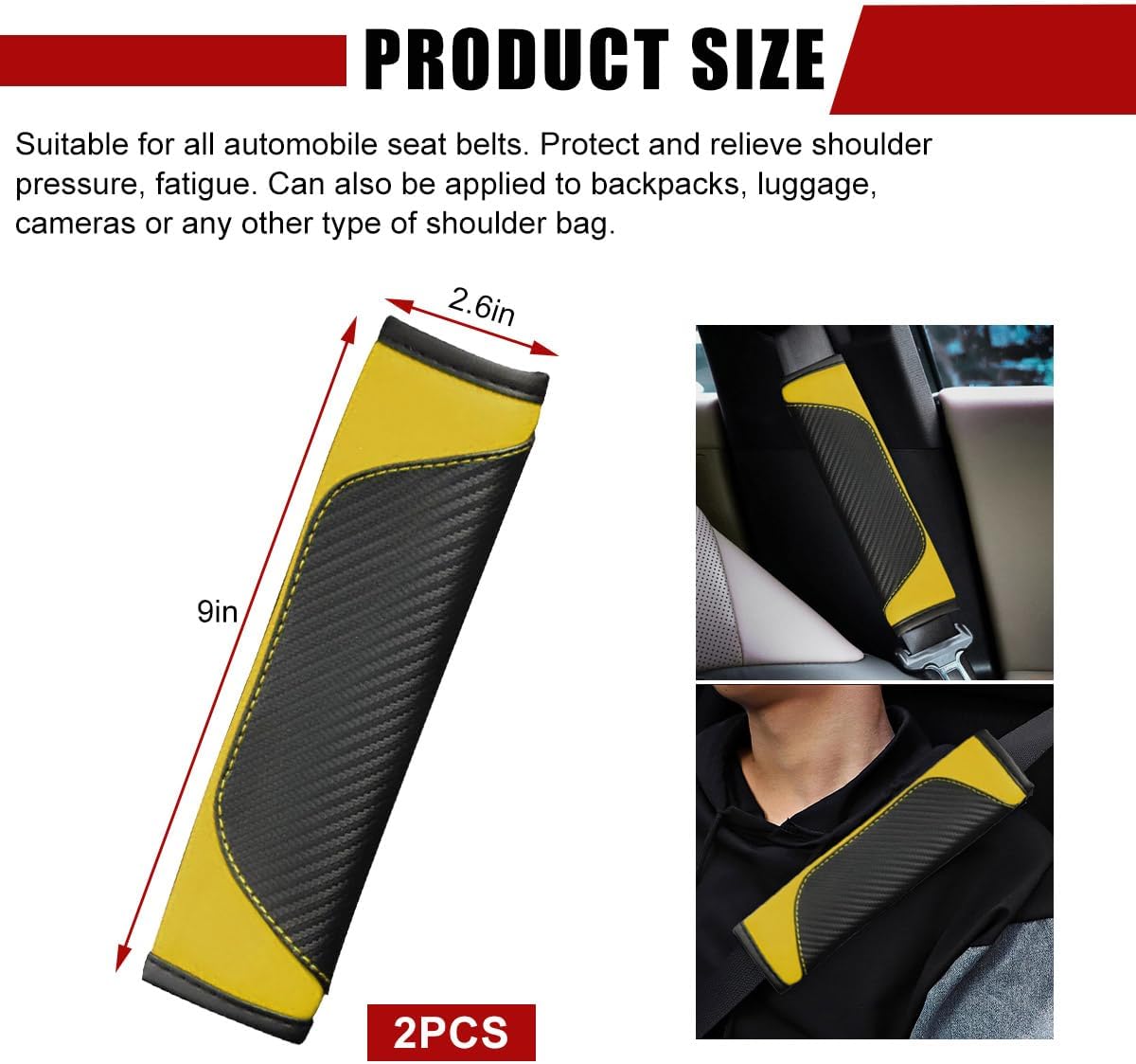 2 PCS Car Seat Belt Cover, Carbon Fiber Leather Auto Seat Belt Pads Cover, Safety Seatbelt Shoulder Strap Covers Protect Your Neck and Shoulder, Universal Car Accessories (Black+Yellow)