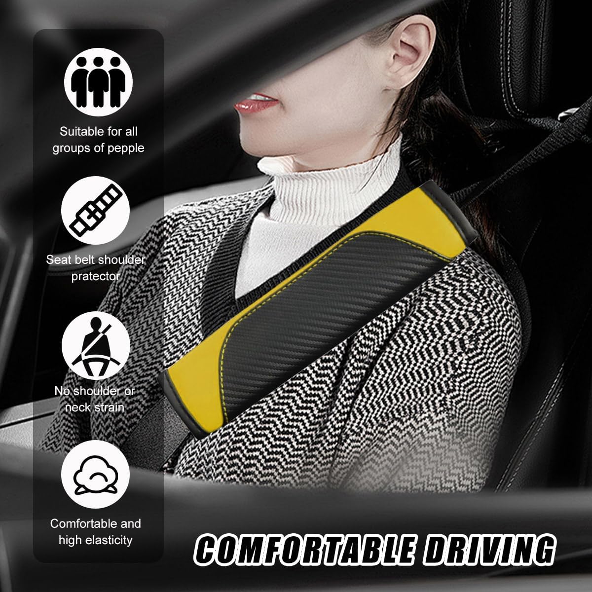 2 PCS Car Seat Belt Cover, Carbon Fiber Leather Auto Seat Belt Pads Cover, Safety Seatbelt Shoulder Strap Covers Protect Your Neck and Shoulder, Universal Car Accessories (Black+Yellow)