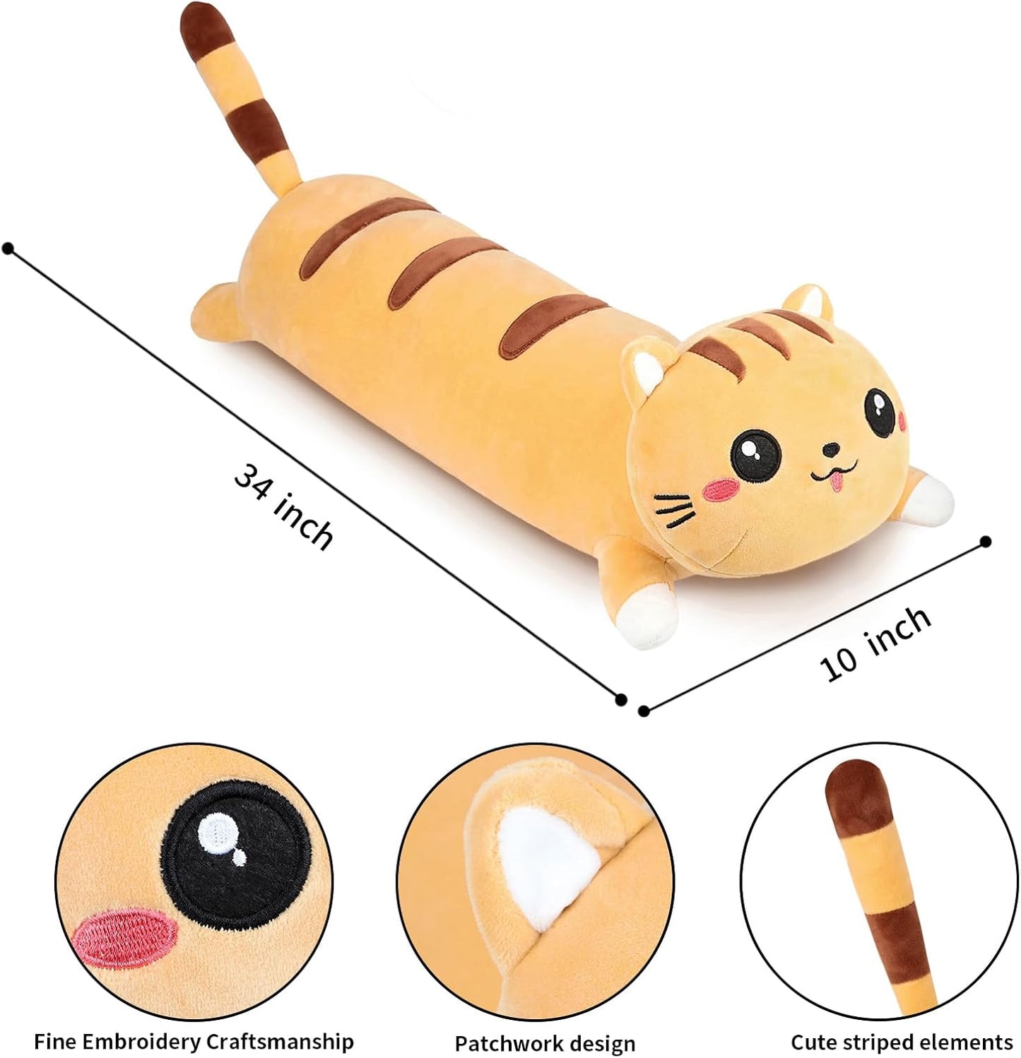 Long Cat Plush Cute Body Stuffed Animal Pillows, Yellow 34 Inch | Soft Cat Plushies Kawaii Room Decor Toy Gift for Kids Cat Lovers