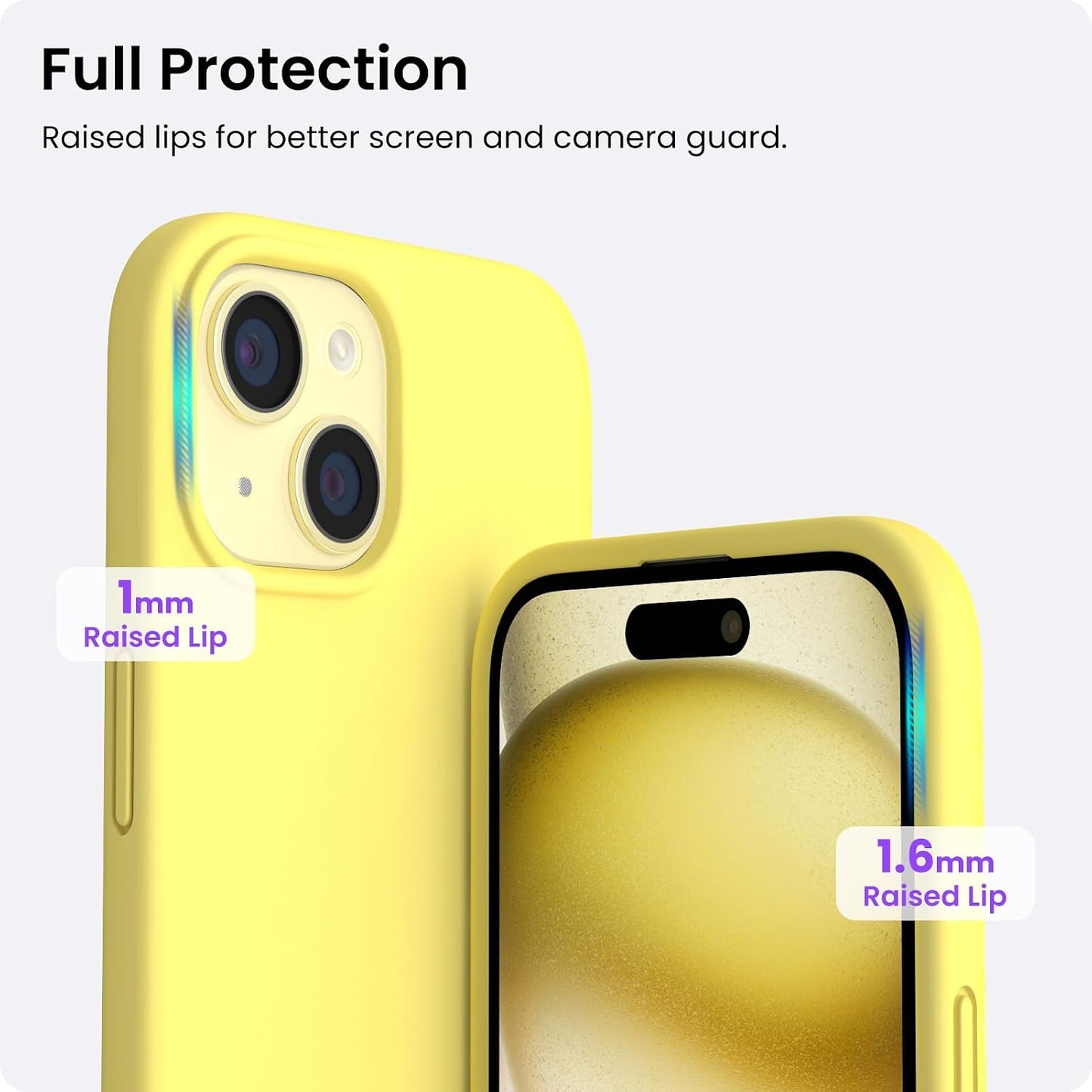 Compatible with iPhone 15 Case 6.1, Slim Liquid Silicone 3 Layers Full Covered Soft Gel Rubber Phone Case, Anti-Scratch Shockproof Protective Cover 6.1 Inch, Yellow Lemon