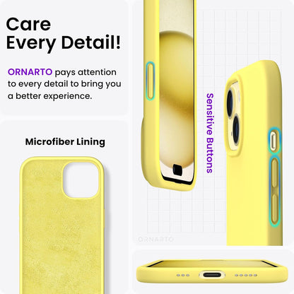 Compatible with iPhone 15 Case 6.1, Slim Liquid Silicone 3 Layers Full Covered Soft Gel Rubber Phone Case, Anti-Scratch Shockproof Protective Cover 6.1 Inch, Yellow Lemon