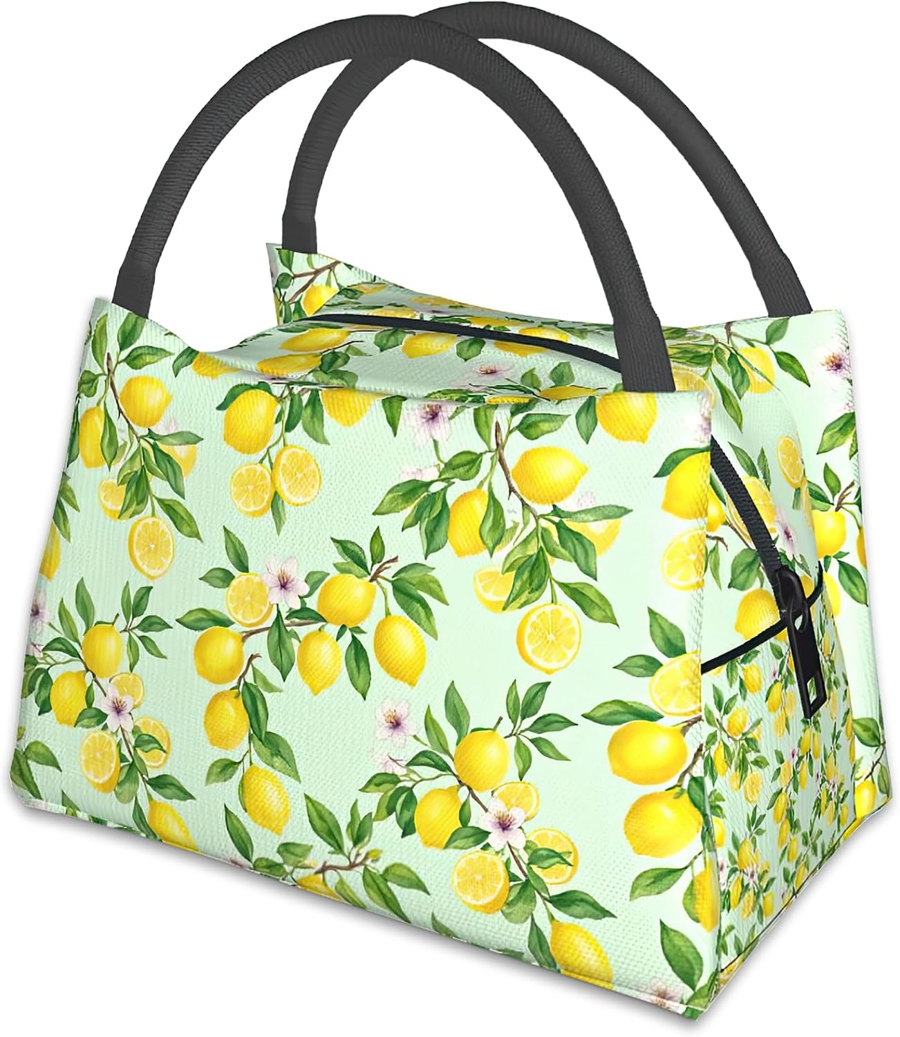 Lemon Reusable Lunch Bag,Green Leaf Insulated Small Lunch Box for Kids Adult Women,Leakproof Cooler Tote Bags for Student Teacher Work Camping Picnic School