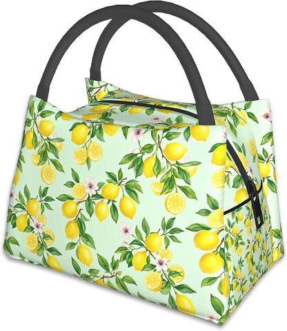 Lemon Reusable Lunch Bag,Green Leaf Insulated Small Lunch Box for Kids Adult Women,Leakproof Cooler Tote Bags for Student Teacher Work Camping Picnic School