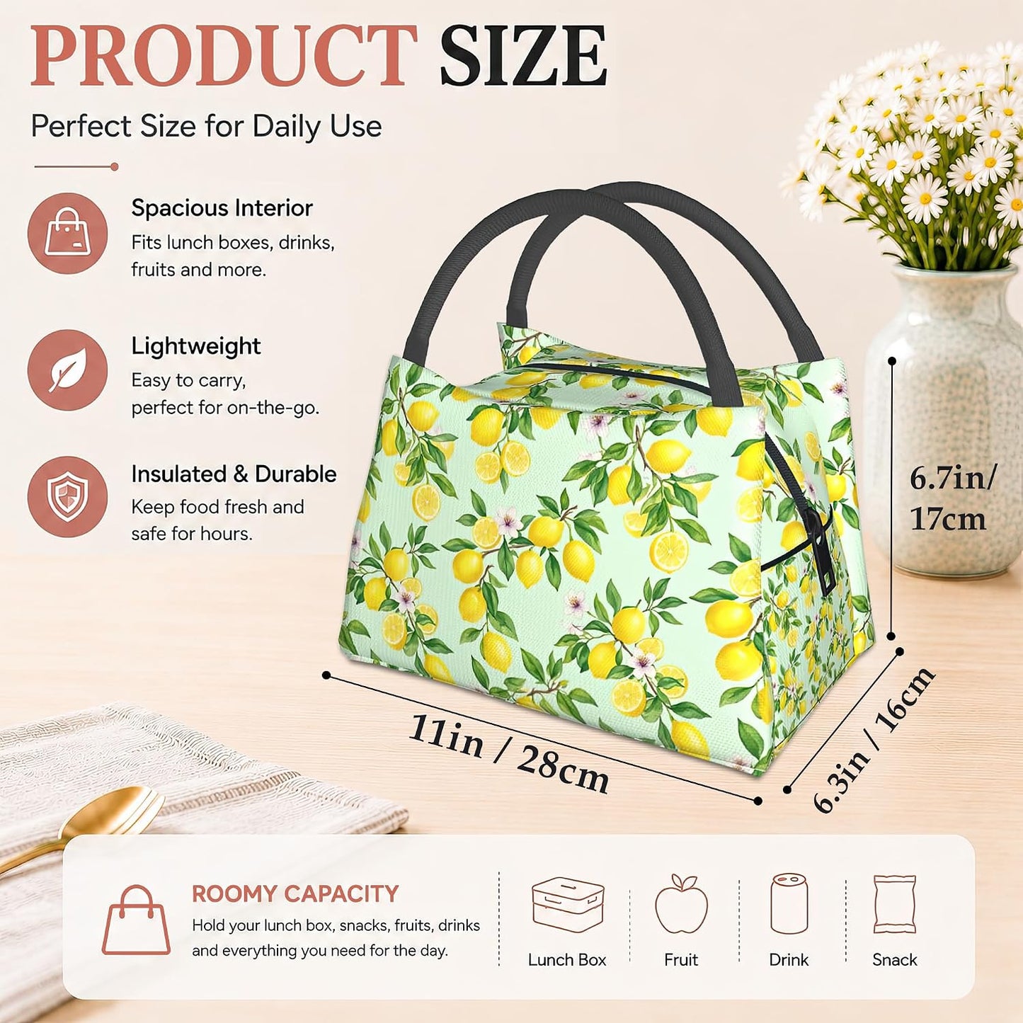 Lemon Reusable Lunch Bag,Green Leaf Insulated Small Lunch Box for Kids Adult Women,Leakproof Cooler Tote Bags for Student Teacher Work Camping Picnic School