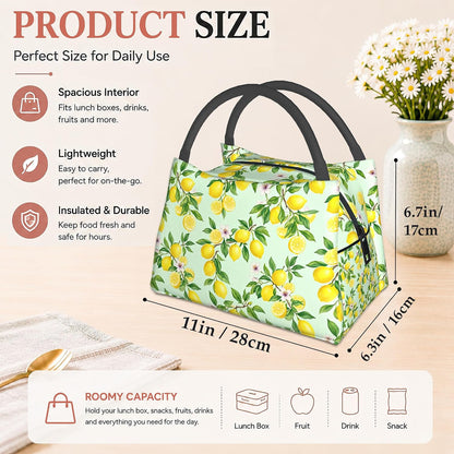 Lemon Reusable Lunch Bag,Green Leaf Insulated Small Lunch Box for Kids Adult Women,Leakproof Cooler Tote Bags for Student Teacher Work Camping Picnic School
