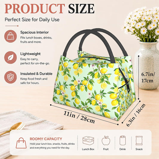 Lemon Reusable Lunch Bag,Green Leaf Insulated Small Lunch Box for Kids Adult Women,Leakproof Cooler Tote Bags for Student Teacher Work Camping Picnic School