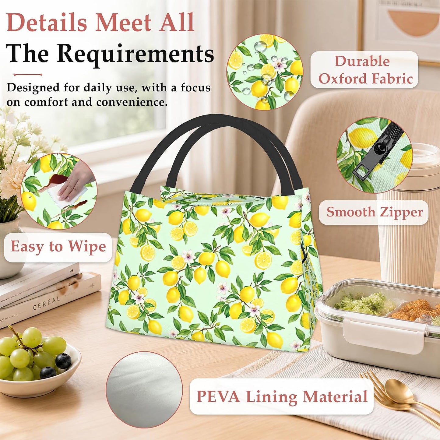 Lemon Reusable Lunch Bag,Green Leaf Insulated Small Lunch Box for Kids Adult Women,Leakproof Cooler Tote Bags for Student Teacher Work Camping Picnic School