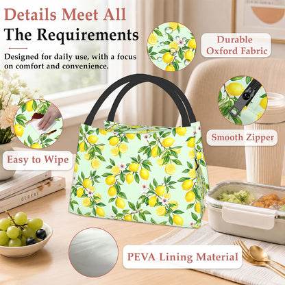 Lemon Reusable Lunch Bag,Green Leaf Insulated Small Lunch Box for Kids Adult Women,Leakproof Cooler Tote Bags for Student Teacher Work Camping Picnic School