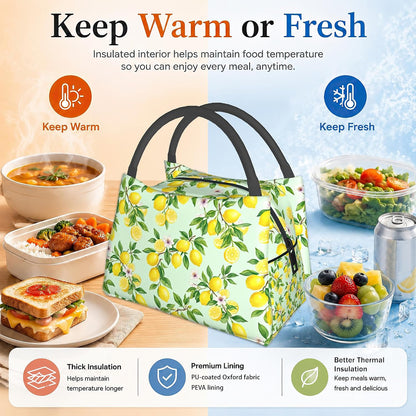 Lemon Reusable Lunch Bag,Green Leaf Insulated Small Lunch Box for Kids Adult Women,Leakproof Cooler Tote Bags for Student Teacher Work Camping Picnic School