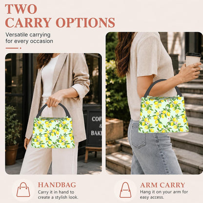 Lemon Reusable Lunch Bag,Green Leaf Insulated Small Lunch Box for Kids Adult Women,Leakproof Cooler Tote Bags for Student Teacher Work Camping Picnic School