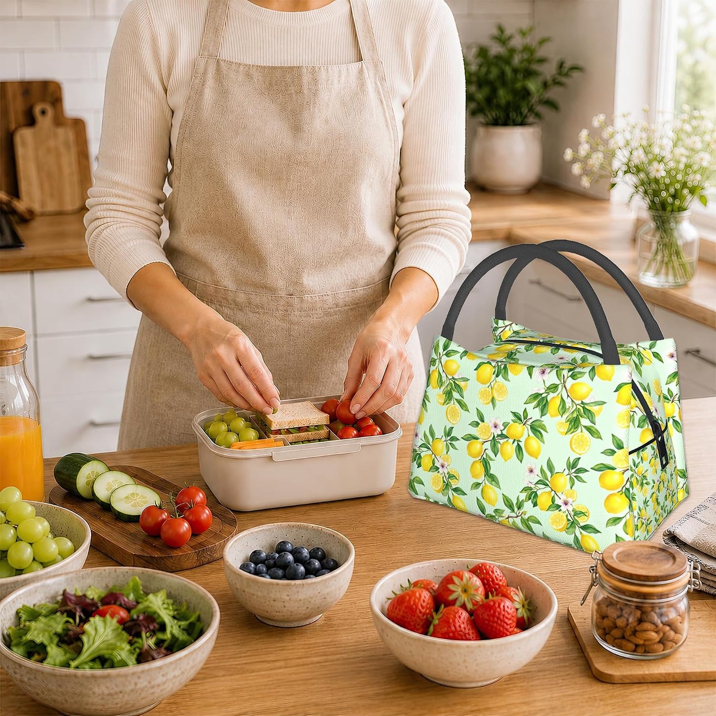 Lemon Reusable Lunch Bag,Green Leaf Insulated Small Lunch Box for Kids Adult Women,Leakproof Cooler Tote Bags for Student Teacher Work Camping Picnic School