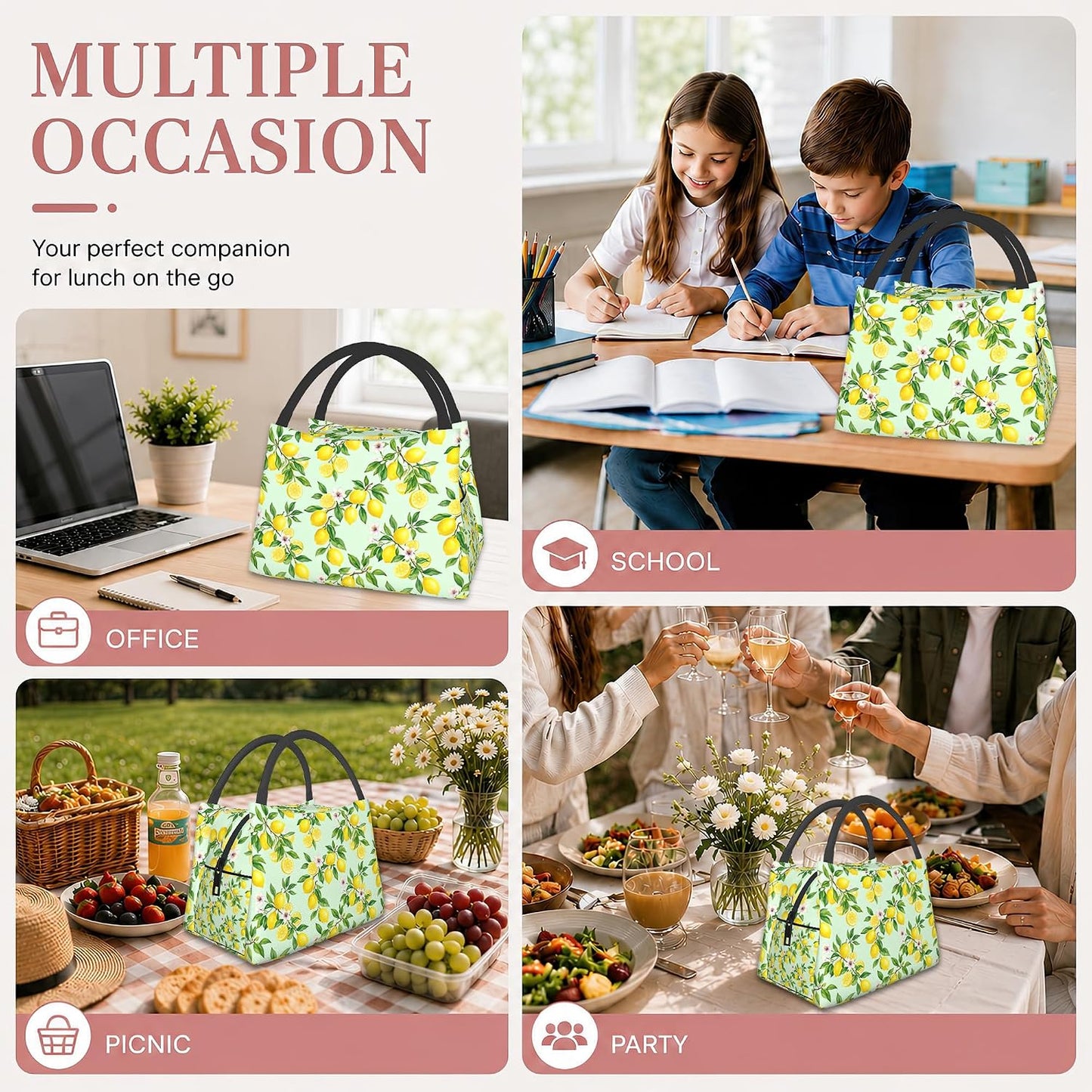 Lemon Reusable Lunch Bag,Green Leaf Insulated Small Lunch Box for Kids Adult Women,Leakproof Cooler Tote Bags for Student Teacher Work Camping Picnic School