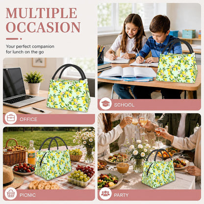 Lemon Reusable Lunch Bag,Green Leaf Insulated Small Lunch Box for Kids Adult Women,Leakproof Cooler Tote Bags for Student Teacher Work Camping Picnic School