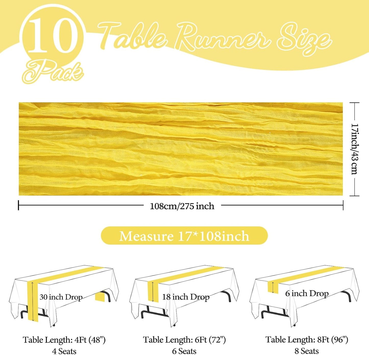10 Pack Lemon Yellow Cheesecloth Table Runner 17x108 Inch Spring Table Runner Gauze Rustic Boho Cheese Cloth Sheer Table Décor for Wedding Party Holiday Banquet Bridal Baby Shower Decorations